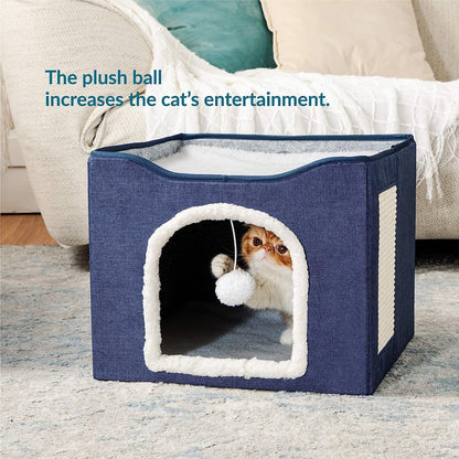 Cat Beds for Indoor Cats -Large Cat Cave for Pet Cat House with Fluffy Ball Hanging and Scratch Pad, Foldable Cat Hidewawy, Blue