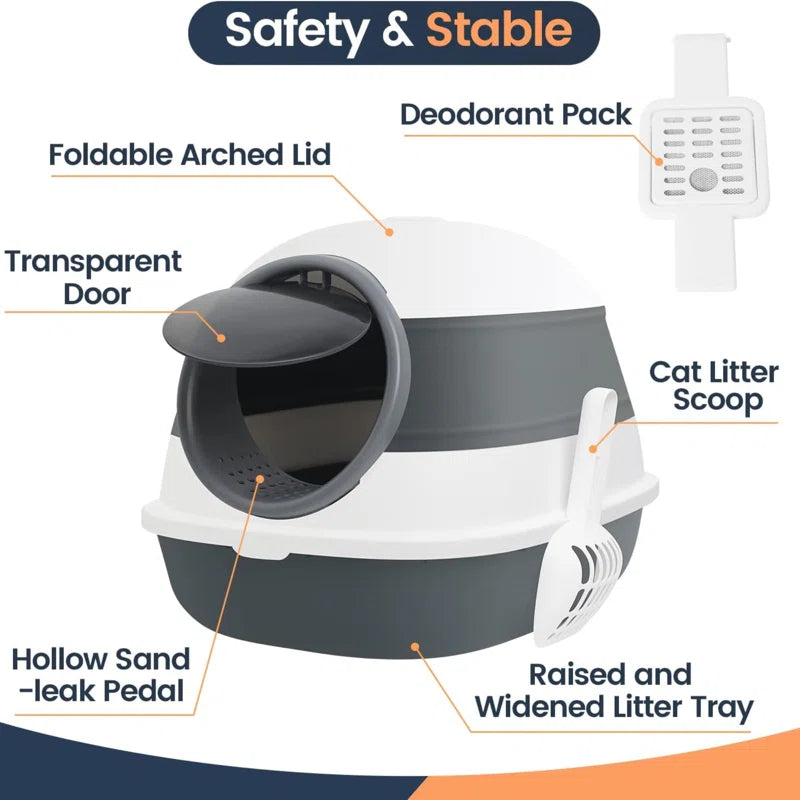 Cat Litter Box with Lid, Covered Litter Box W/ High Sides, Air Freshener, Large Two-Way Entrance Kitty Litter Box, Foldable, Easy Clean, White, and Gray