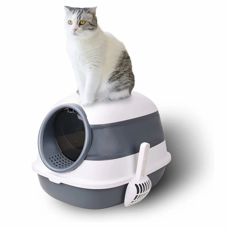 Cat Litter Box with Lid, Covered Litter Box W/ High Sides, Air Freshener, Large Two-Way Entrance Kitty Litter Box, Foldable, Easy Clean, White, and Gray